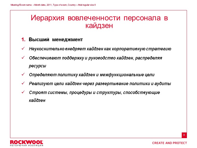 Высший  менеджмент Неукоснительно внедряет кайдзен как корпоративную стратегию Обеспечивают поддержку и руководство кайдзен,